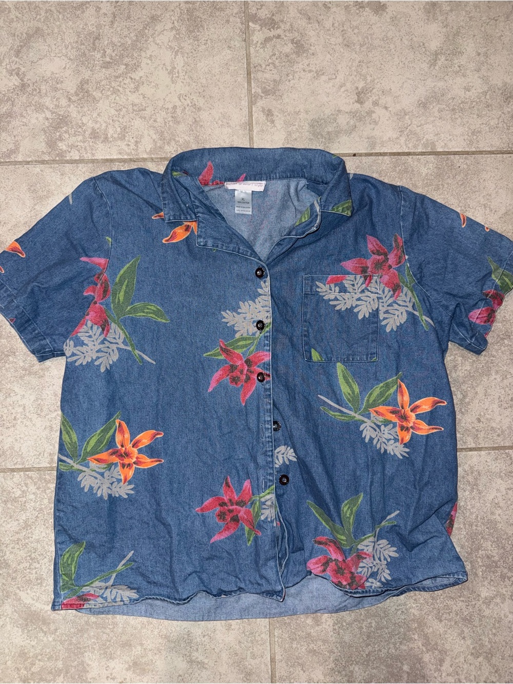 Women’s Floral Denim-Style Button-Up Shirt - Blue